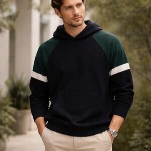 VINCE Pullover Hoodie Mens L Colorblock Black Green Elevated Basic Rugby Jogger